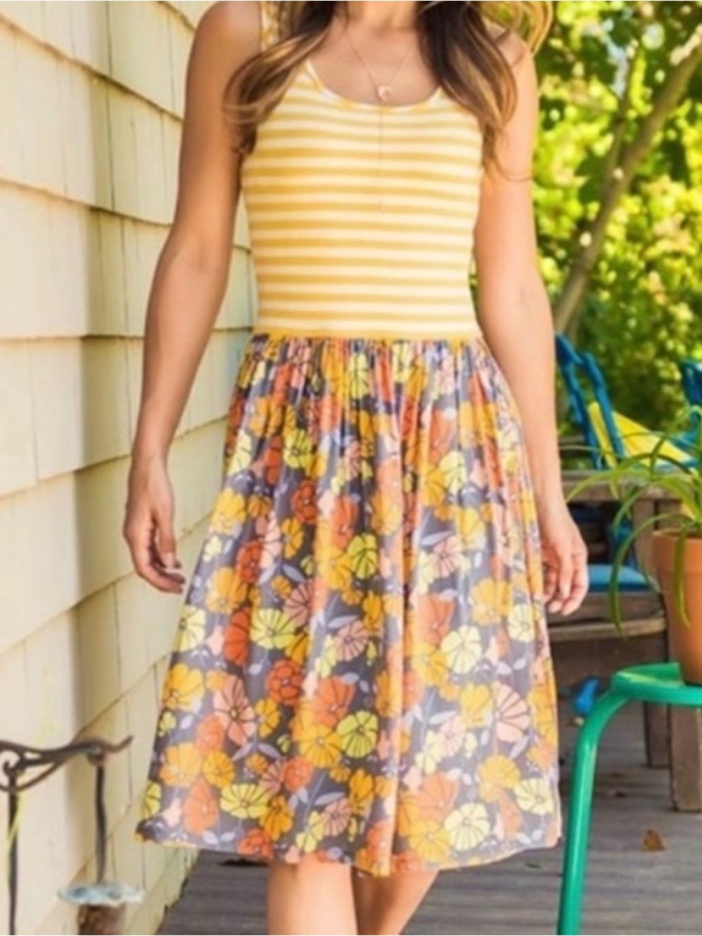💛 Matilda Jane Summer Sunset Dress Yellow White Stripe‎ Floral Women's Size XS